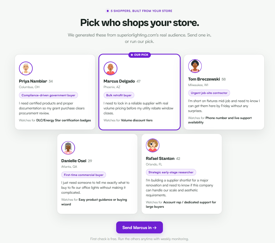 Five AI shoppers generated from the store's real audience, with one recommended pick